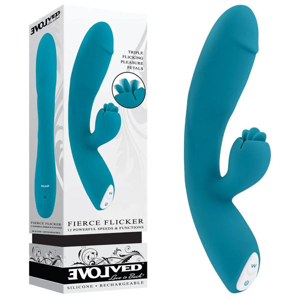 Evolved Fierce Flicker retail box beside the teal rabbit vibrator with its triple flicking petals