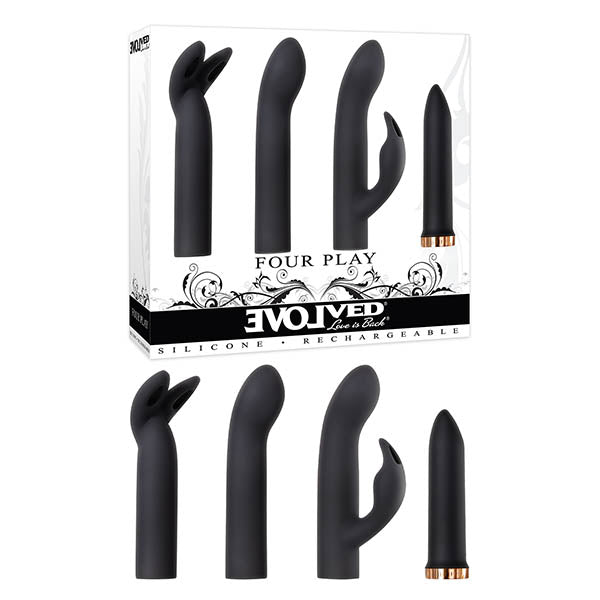 Buy Evolved Four Play - Black USB Rechargeable Bullet with 3 Sleeves – Naughtyhut NZ sex toys online. Discreet delivery & top brands.