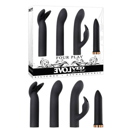 Buy Evolved Four Play - Black USB Rechargeable Bullet with 3 Sleeves – Naughtyhut NZ sex toys online. Discreet delivery & top brands.