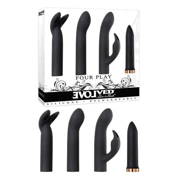 Evolved Four Play Silicone Rechargeable Vibrators in black, body-safe silicone, varied shapes.
