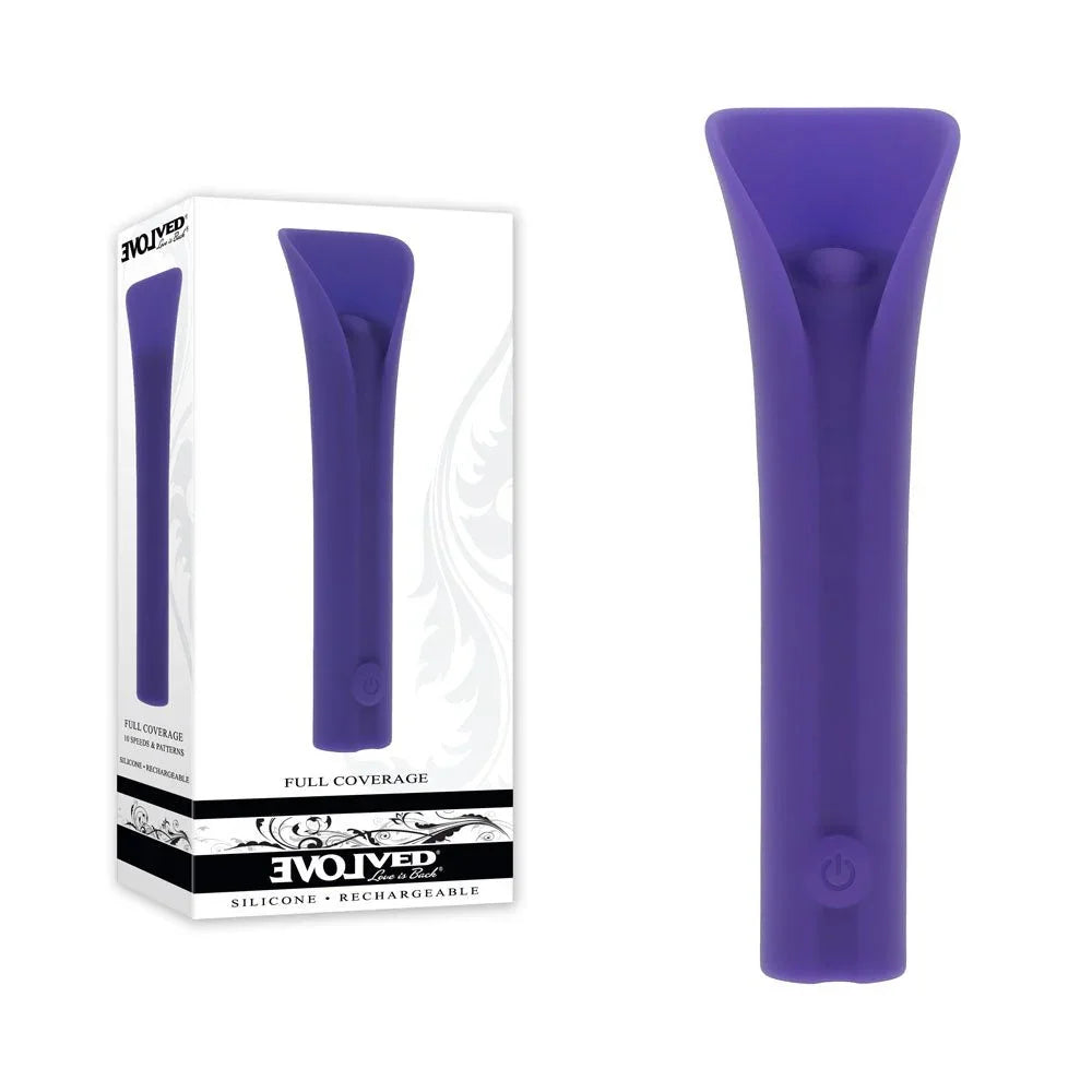 Evolved Full Coverage retail box beside the Purple broad-tipped bullet vibrator