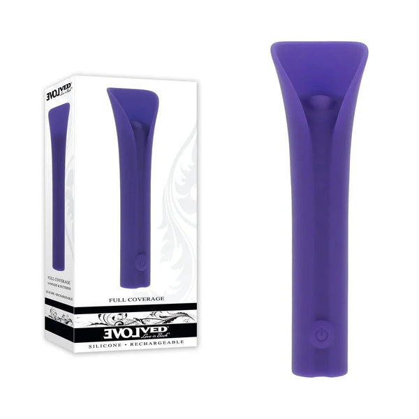 Evolved Full Coverage retail box beside the Purple broad-tipped bullet vibrator