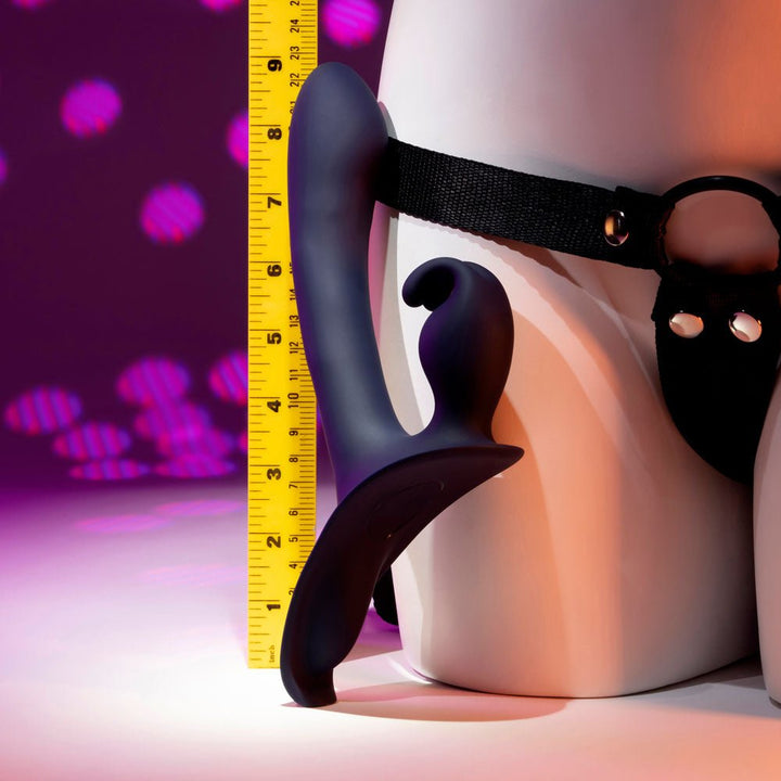 Evolved GIVING VIBES - Black 14.6 cm USB Rechargeable Vibrating Strap - On with Remote – Sex toys NZ by Naughtyhut. Discreet delivery nationwide.