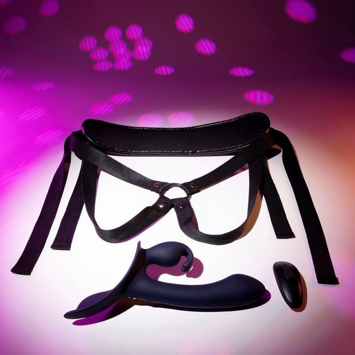 Evolved GIVING VIBES - Black 14.6 cm USB Rechargeable Vibrating Strap - On with Remote – Sex toys NZ by Naughtyhut. Discreet delivery nationwide.