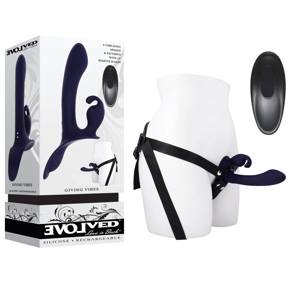 Buy Evolved GIVING VIBES - Black 14.6 cm USB Rechargeable Vibrating Strap - On with Remote – Naughtyhut NZ sex toys online. Discreet delivery & top brands.