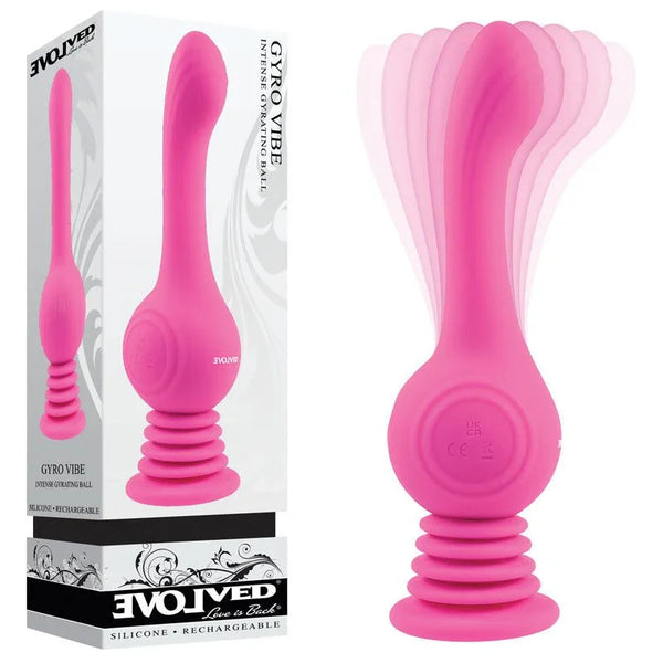 Evolved Gyro Vibe retail box beside the Pink rotating G-spot vibrator, shown mid-rotation as a blur