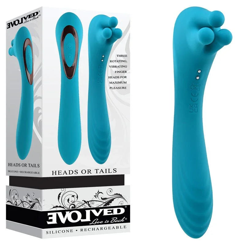 Evolved Heads Or Tails retail box beside the teal dual-ended vibrator with three rotating finger heads