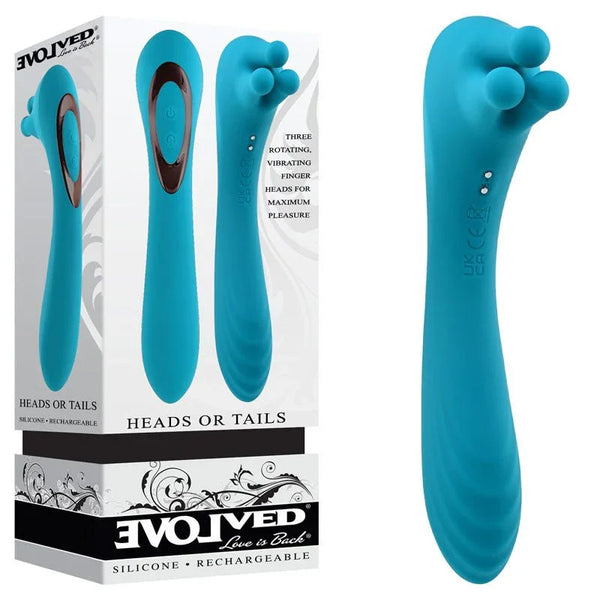 Evolved Heads Or Tails retail box beside the teal dual-ended vibrator with three rotating finger heads