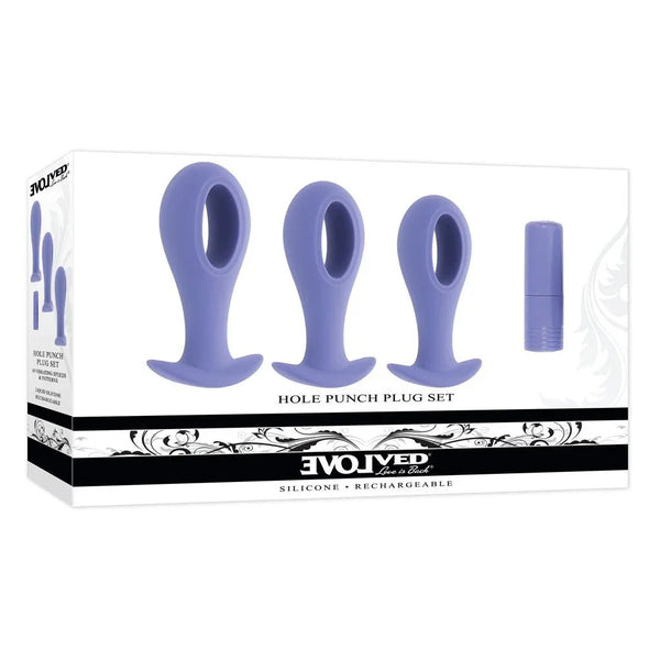 Evolved Hole Punch retail box picturing three lilac looped butt plugs in graduated sizes with a bullet