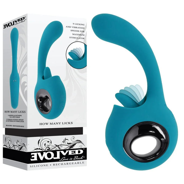 Evolved How Many Licks retail box beside the teal vibrator with its flicking tongue and black ring