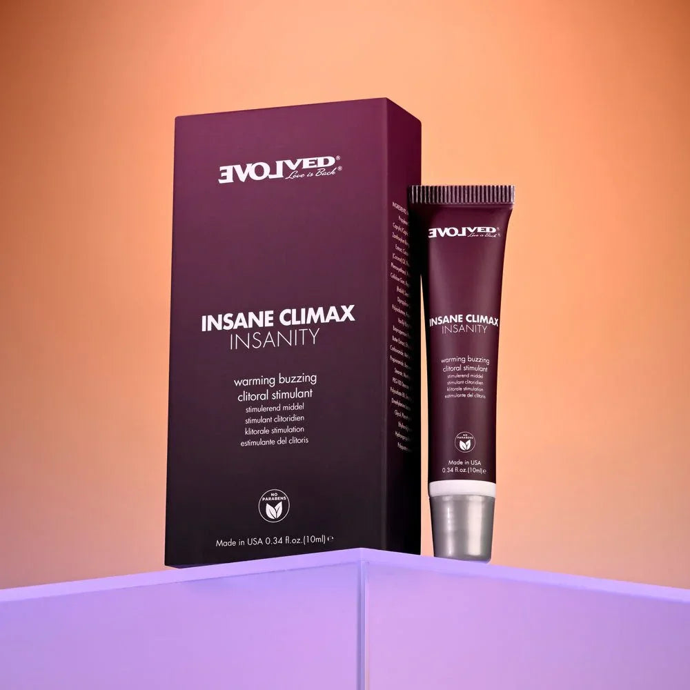 Evolved Insane Climax Insanity carton to the left with the 10 ml tube standing at the right