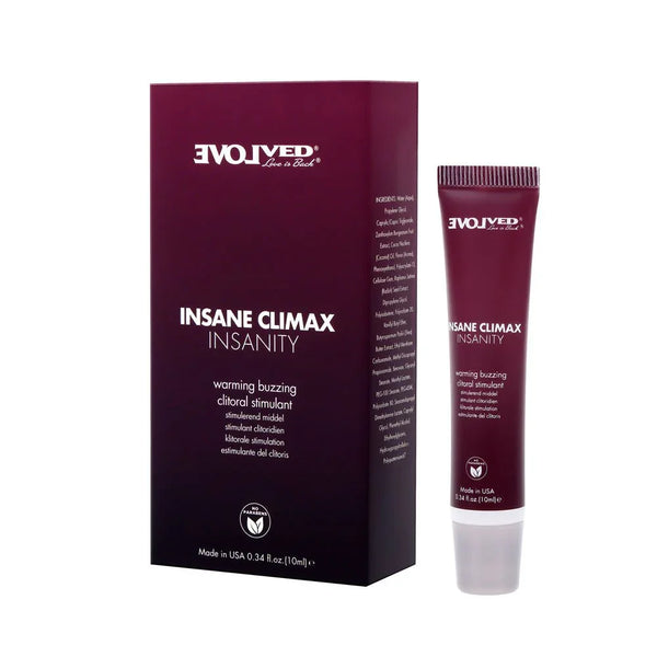 Evolved Insane Climax Insanity gel, deep plum carton beside the 10 ml tube on white