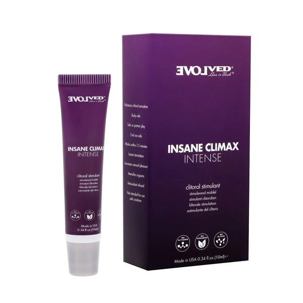 Evolved Insane Climax Intense gel, 10 ml tube beside its purple carton on white