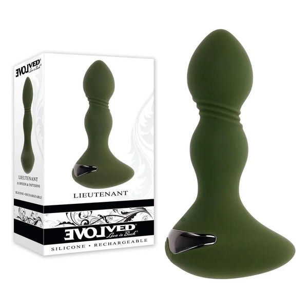 Evolved Lieutenant retail box beside the olive green vibrating butt plug with its wide flared base