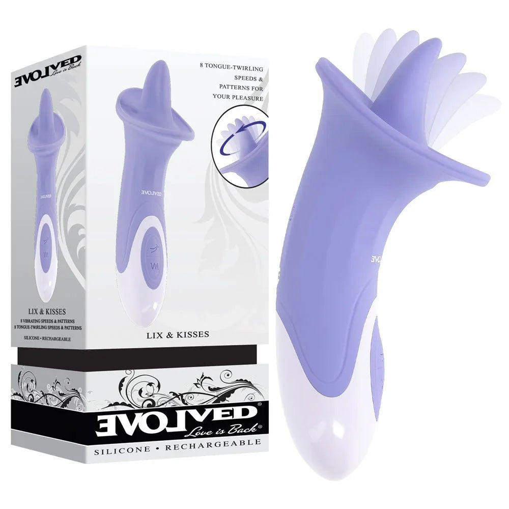 Evolved Lix & Kisses retail box beside the lilac tongue stimulator, tongue shown mid-twirl