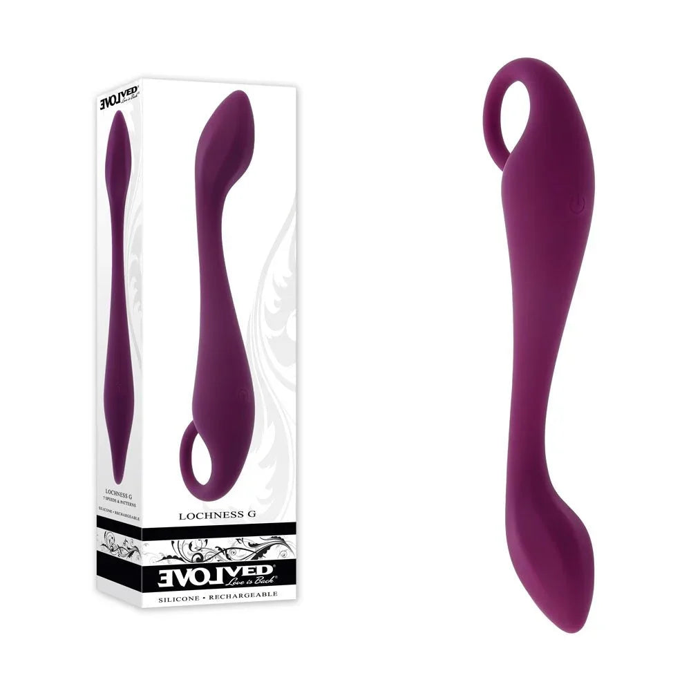 Evolved Lochness G retail box beside the plum purple curved G-spot vibrator with looped handle