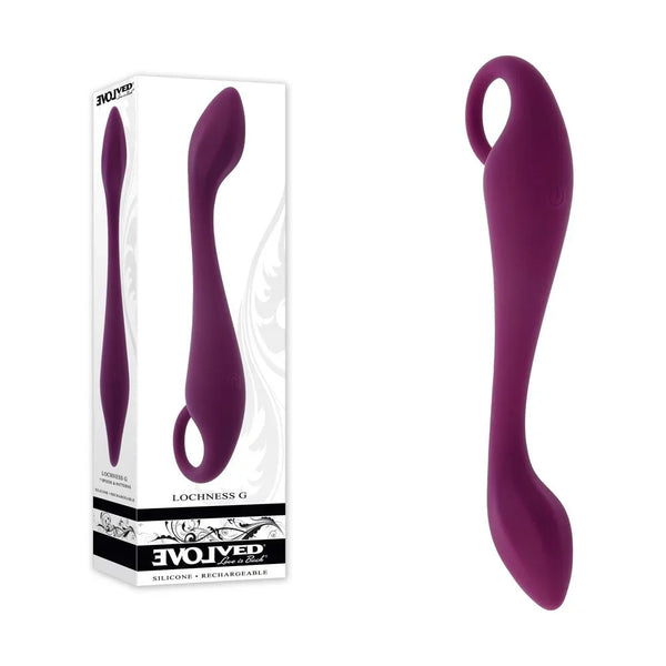 Evolved Lochness G retail box beside the plum purple curved G-spot vibrator with looped handle