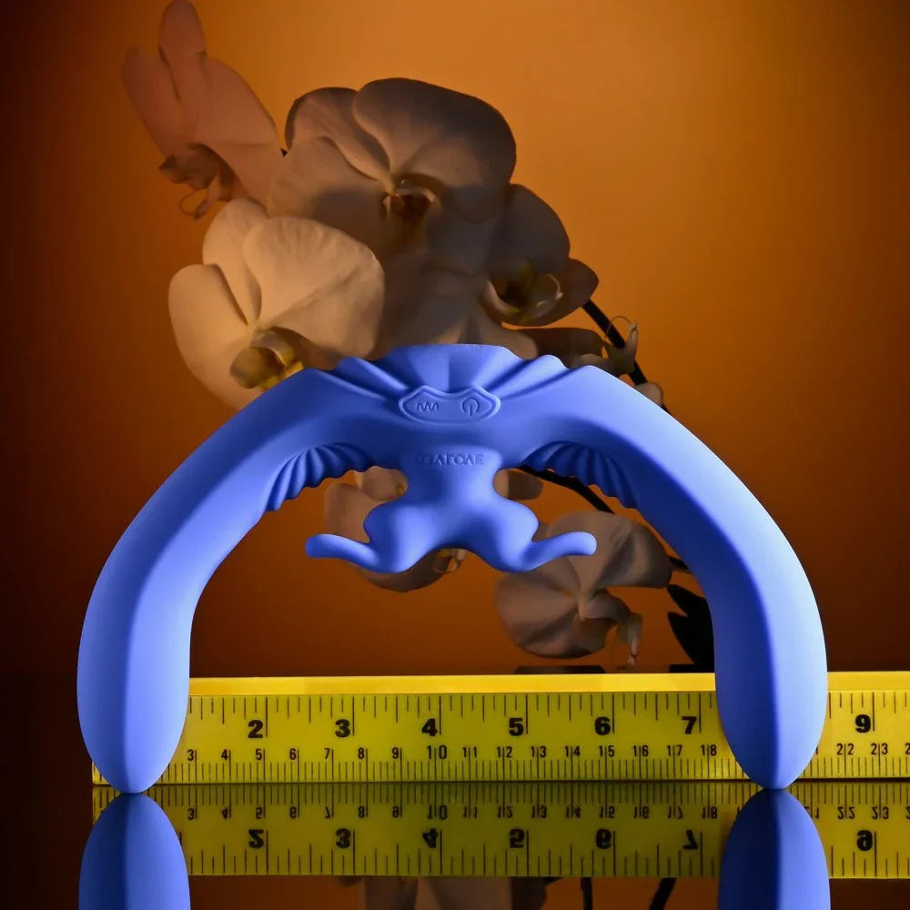 Evolved Lovebirds in periwinkle arched above a tape measure laid flat, spanning about 8 inches