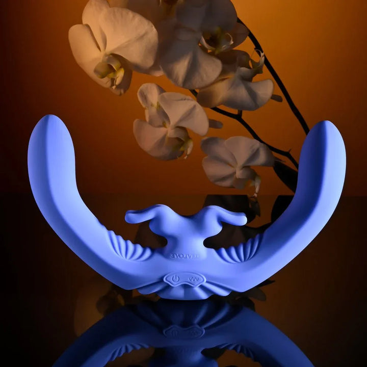Evolved Lovebirds in periwinkle standing arched, front view of the two control buttons on the base