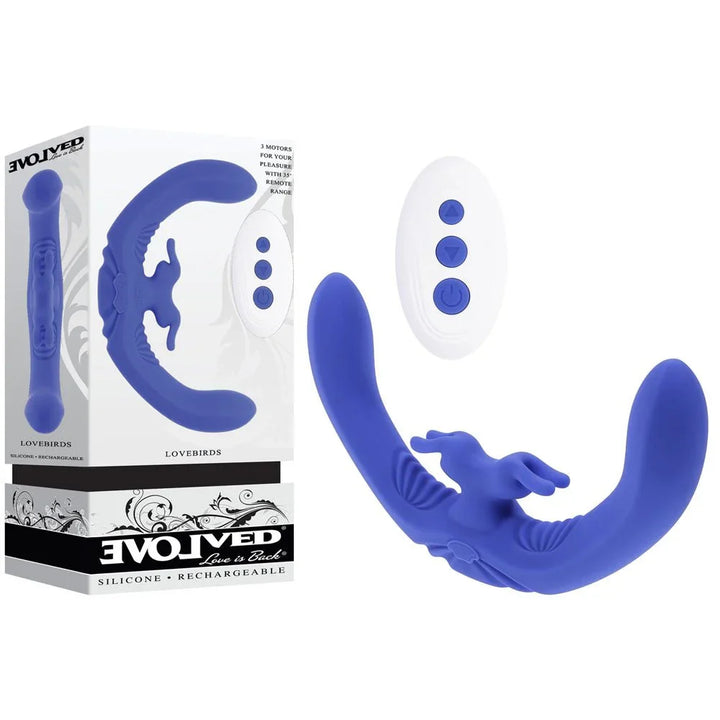 Evolved Lovebirds double-ended rabbit vibrator in periwinkle beside its Evolved retail box and remote