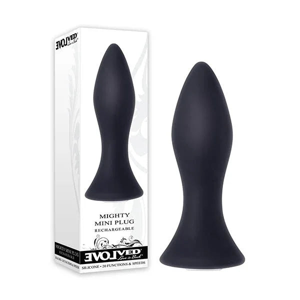 Evolved Mighty Mini Plug retail box beside the Black tapered vibrating butt plug on its suction base