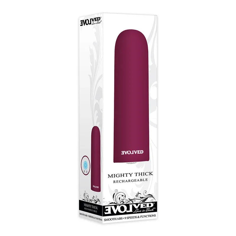 Evolved Mighty Thick retail box with the Burgundy Red bullet shown small alongside it