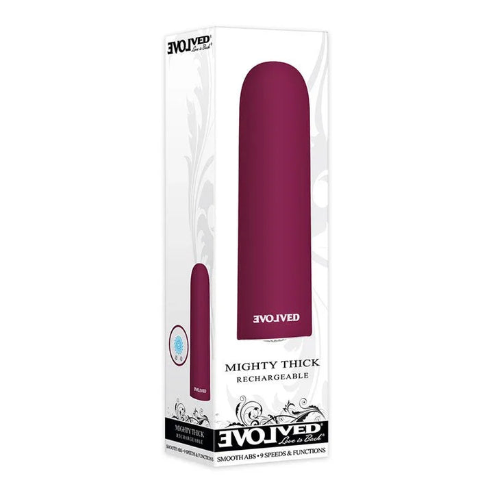 Evolved Mighty Thick retail box with the Burgundy Red bullet shown small alongside it
