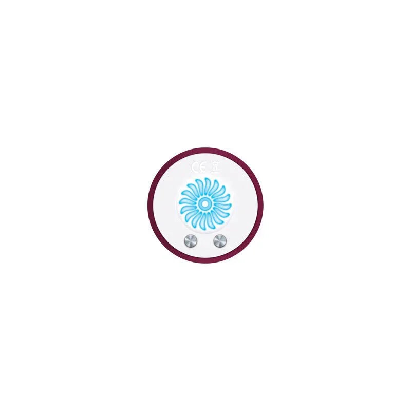 End-on view of the Evolved Mighty Thick base, blue fan motif and two magnetic charging contacts