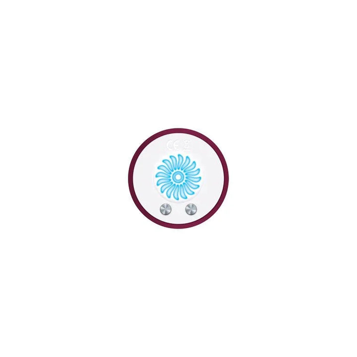 End-on view of the Evolved Mighty Thick base, blue fan motif and two magnetic charging contacts