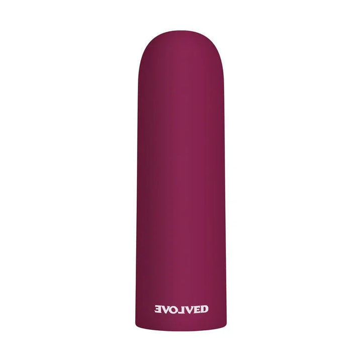 Evolved Mighty Thick bullet in Burgundy Red alone and upright on white, Evolved logo on the shaft