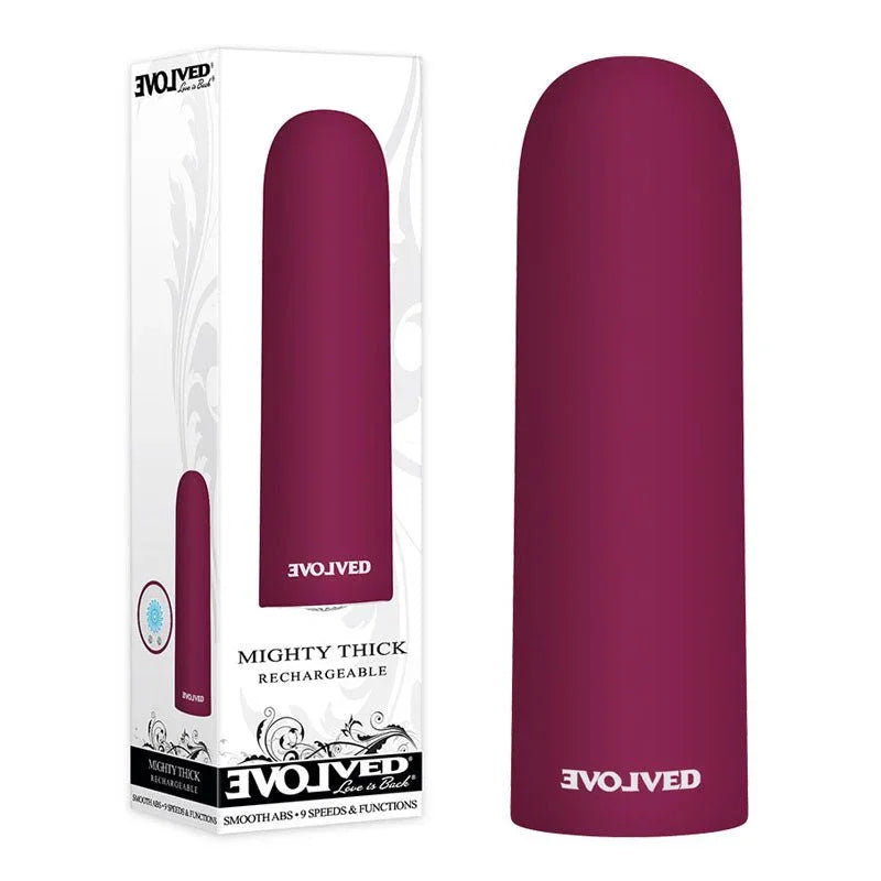 Evolved Mighty Thick bullet in Burgundy Red standing full height beside its Evolved retail box