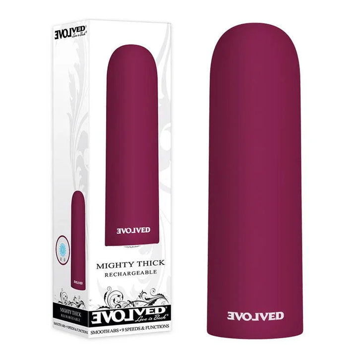 Evolved Mighty Thick bullet in Burgundy Red standing full height beside its Evolved retail box