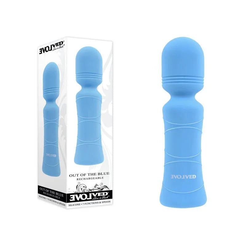 Evolved Out Of The Blue retail box beside the light blue mini wand with ribbed handle
