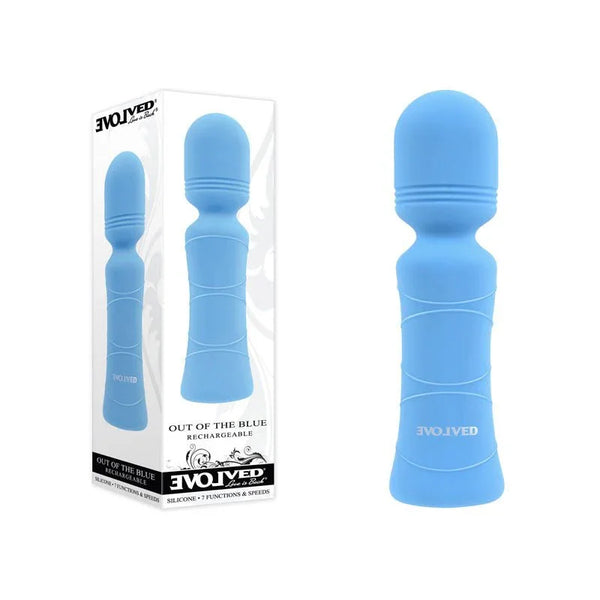 Evolved Out Of The Blue retail box beside the light blue mini wand with ribbed handle