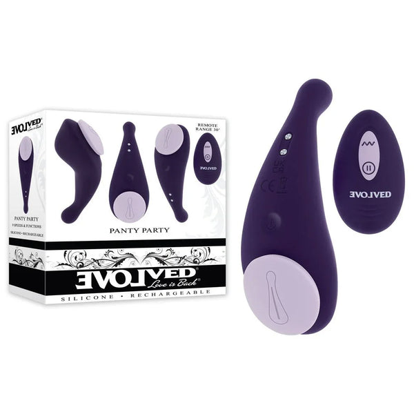 Evolved Panty Party retail box beside the deep purple panty vibrator and its oval remote