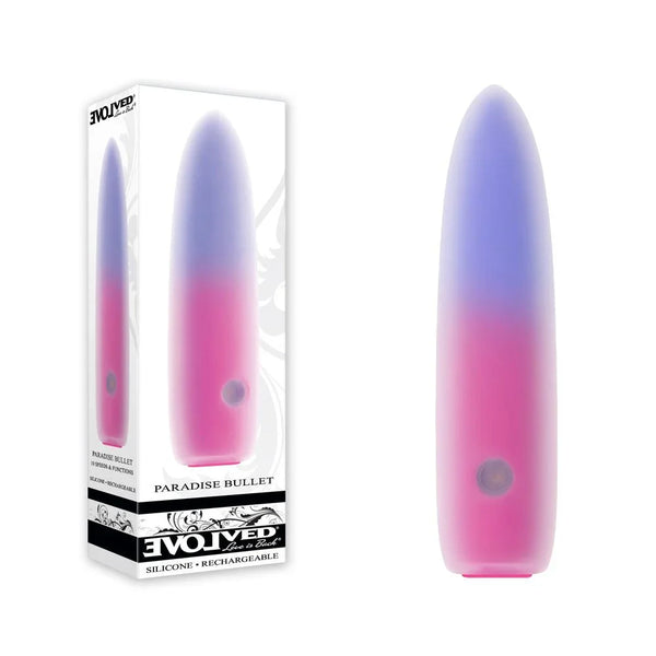 Evolved Paradise Bullet retail box beside the bullet vibrator in a lilac-to-pink ombre finish