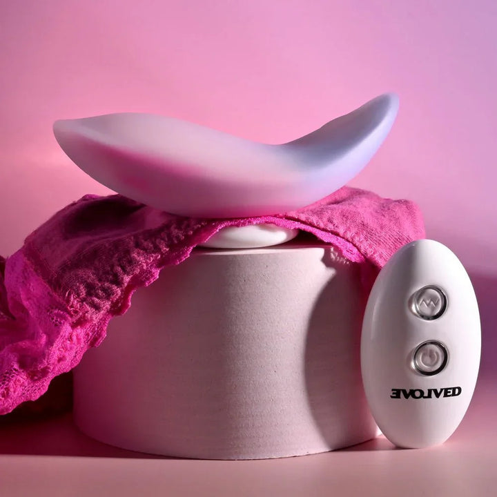 Evolved Paradise Panty in Pink/Purple resting on pink lace knickers, smooth top side up