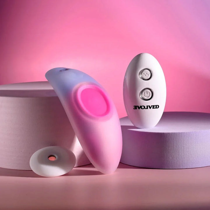 Evolved Paradise Panty in Pink/Purple turned to show the pink contoured underside, magnet disc in front