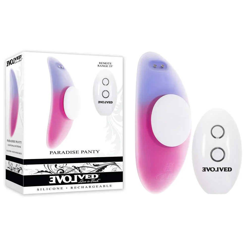 Evolved Paradise Panty vibrator in Pink/Purple with its remote, beside the Evolved retail box on white