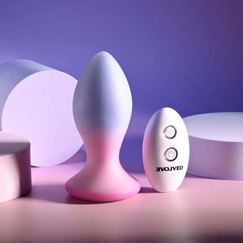 Evolved Paradise Plug in Pink/Purple upright, close view of the lilac-to-pink fade and flared base