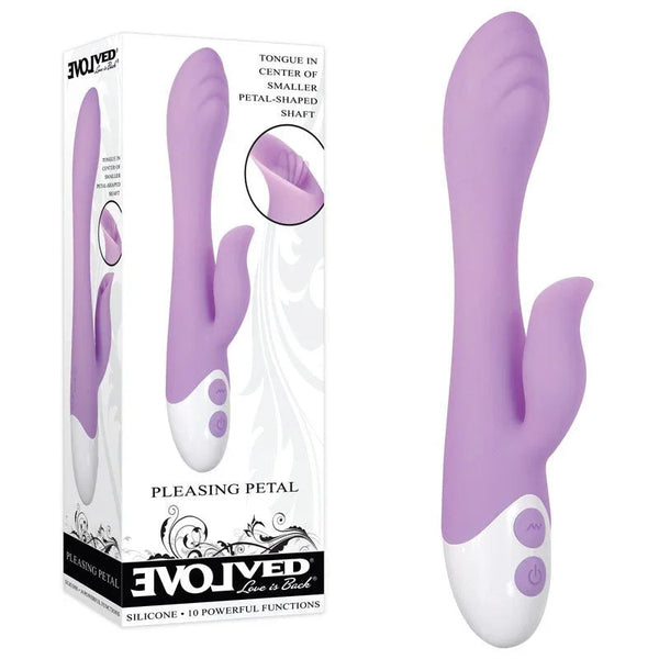 Evolved Pleasing Petal retail box beside the lilac rabbit vibrator with white two-button base