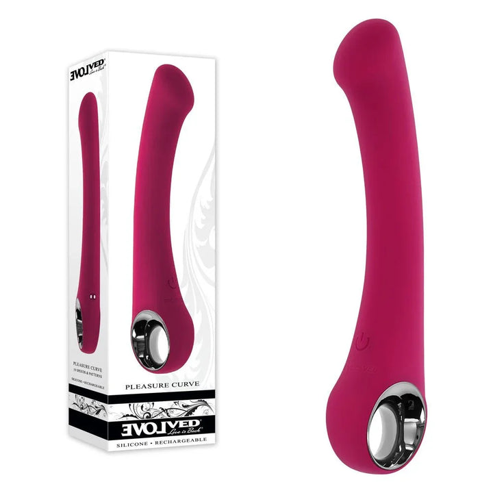 Evolved Pleasure Curve vibrator in Pink beside its Evolved retail box on white