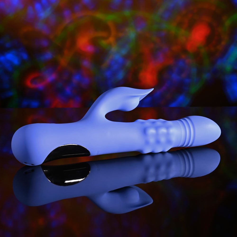 Evolved POP GOES THE O - Purple 24.7 cm USB Rechargeable Thrusting & Bulging Rabbit Vibrator – Sex toys NZ by Naughtyhut. Discreet delivery nationwide.