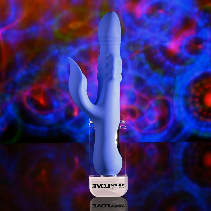 Evolved POP GOES THE O - Purple 24.7 cm USB Rechargeable Thrusting & Bulging Rabbit Vibrator – Sex toys NZ by Naughtyhut. Discreet delivery nationwide.