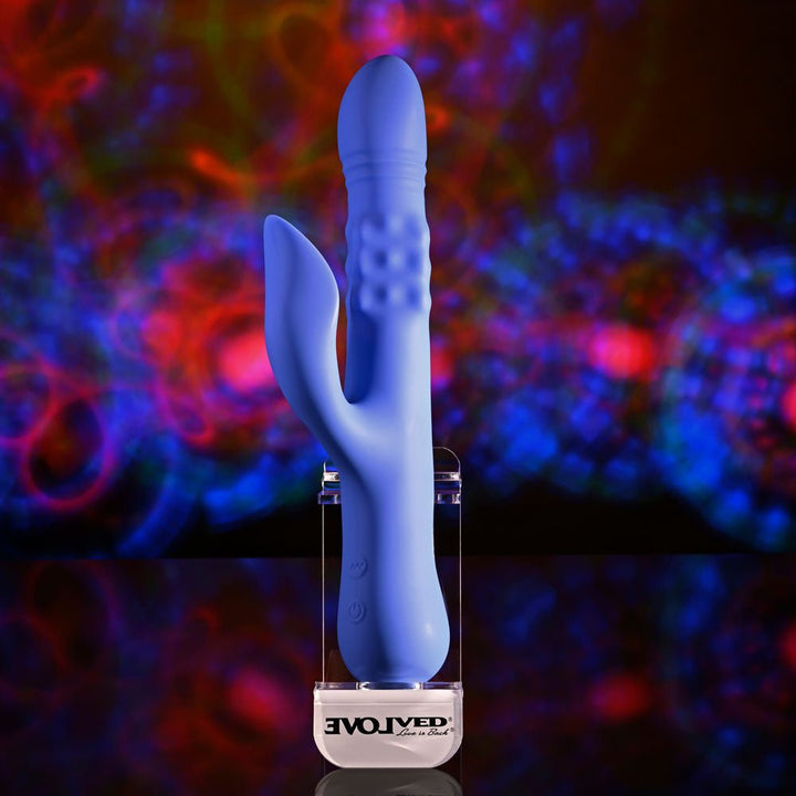 Evolved POP GOES THE O - Purple 24.7 cm USB Rechargeable Thrusting & Bulging Rabbit Vibrator – Sex toys NZ by Naughtyhut. Discreet delivery nationwide.