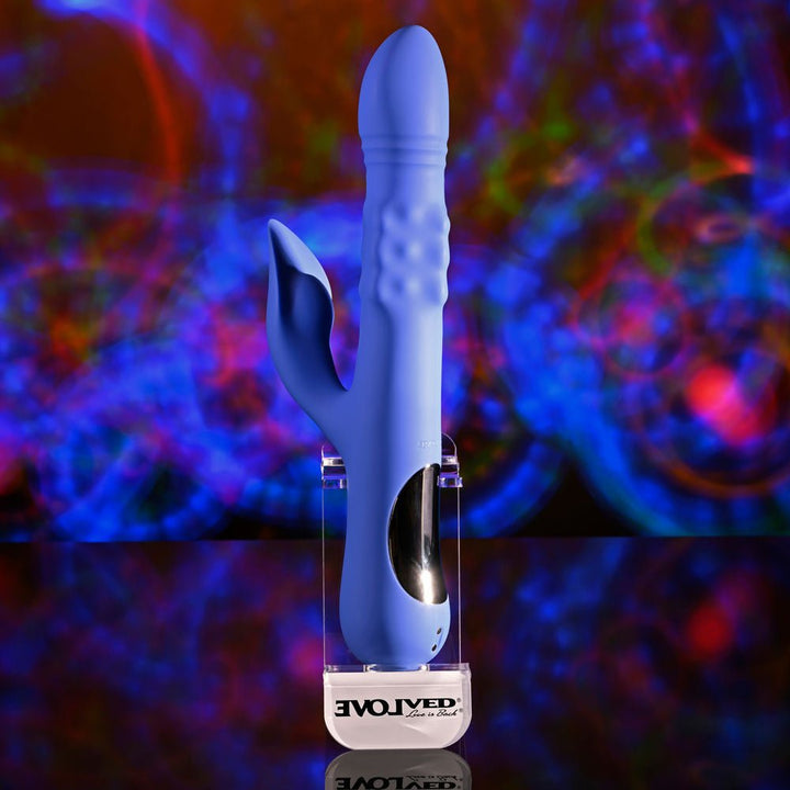Evolved POP GOES THE O - Purple 24.7 cm USB Rechargeable Thrusting & Bulging Rabbit Vibrator – Sex toys NZ by Naughtyhut. Discreet delivery nationwide.