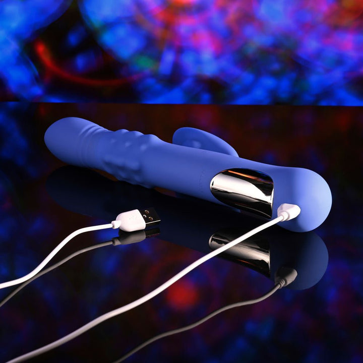 Evolved POP GOES THE O - Purple 24.7 cm USB Rechargeable Thrusting & Bulging Rabbit Vibrator – Sex toys NZ by Naughtyhut. Discreet delivery nationwide.