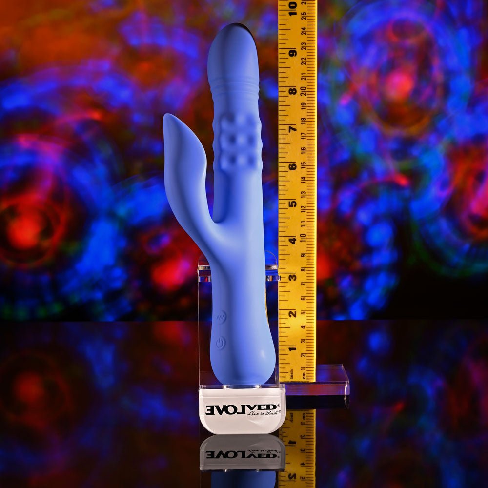 Evolved POP GOES THE O - Purple 24.7 cm USB Rechargeable Thrusting & Bulging Rabbit Vibrator – Sex toys NZ by Naughtyhut. Discreet delivery nationwide.