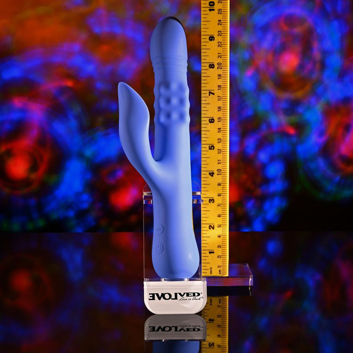Evolved POP GOES THE O - Purple 24.7 cm USB Rechargeable Thrusting & Bulging Rabbit Vibrator – Sex toys NZ by Naughtyhut. Discreet delivery nationwide.