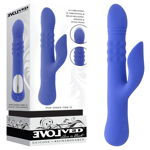 Evolved Pop Goes The O retail box beside the blue-violet thrusting rabbit with bulging bead shaft